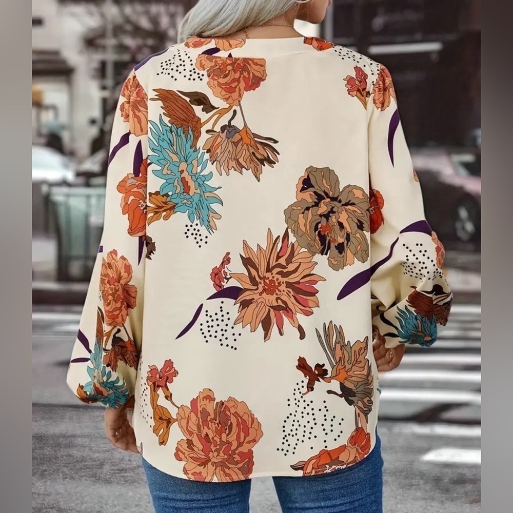 NEW Floral Print V-neck Blouse Fall Long Lantern Sleeve Loose Fit. Satin Like S - Picture 5 of 15